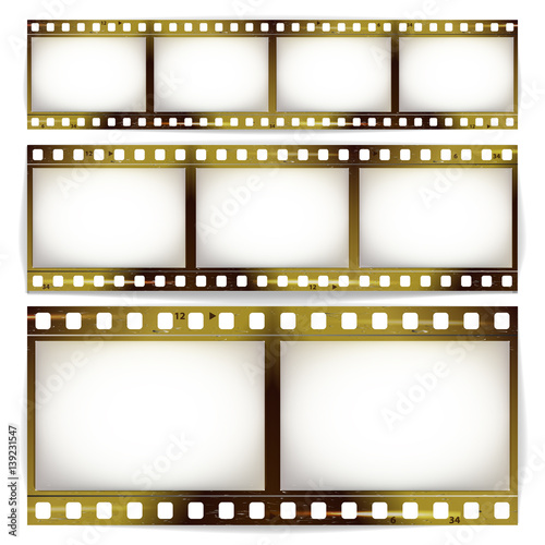 Film Strip Vector Set. Cinema Of Photo Frame Strip Blank Scratched Isolated On White Background.
