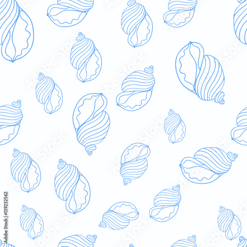 Seashell on sea background. Vector illustration. Beach concept for restaurant menu card, ticket, branding, logo label. Black and white