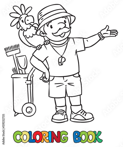 Coloring book of funny zoo keeper with parrot