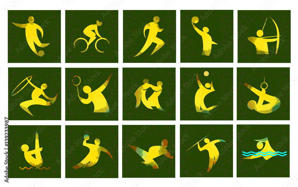 Digital vector image. Sport card icons set with an yellow abstract performer, stick figure. Digital vector image. Sport card icons set with an yellow abstract performer, stick figure.