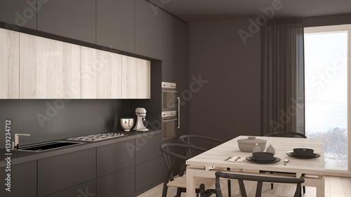 Modern minimal gray kitchen with wooden floor, classic interior design