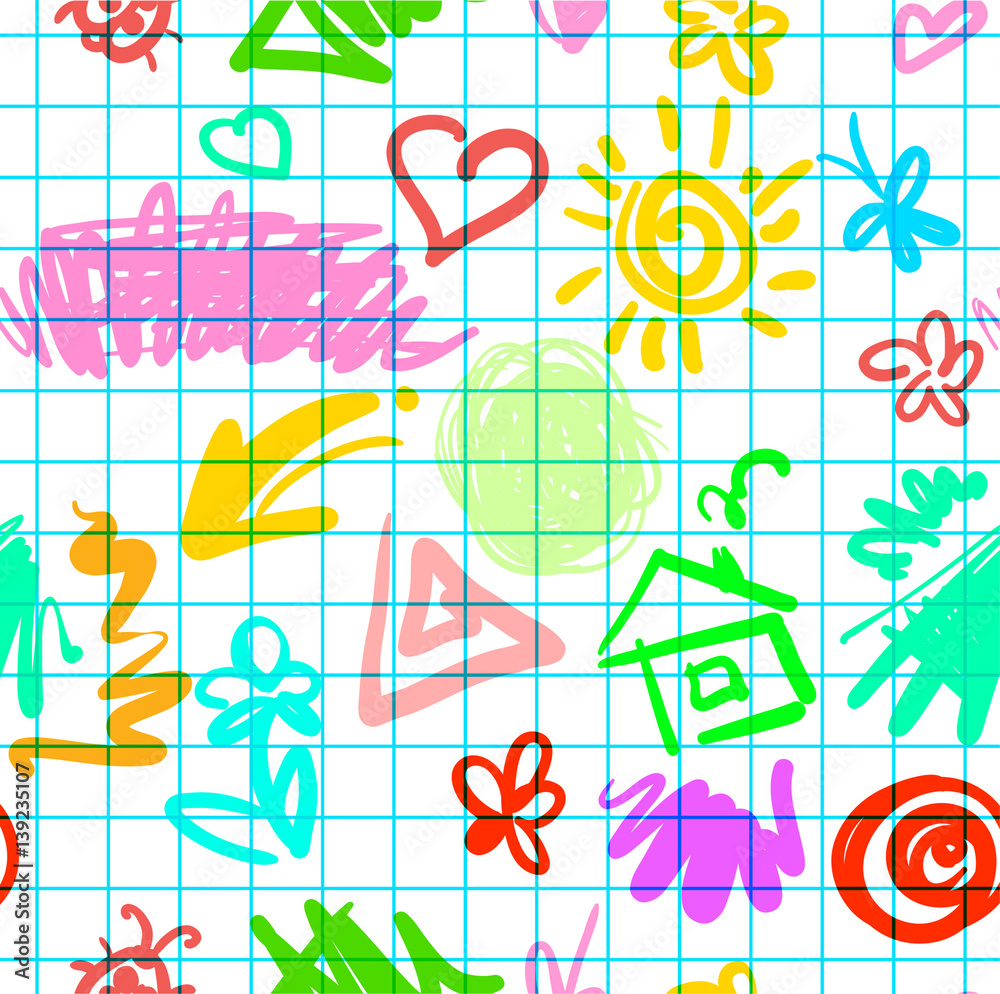 tender funny seamless pattern drawn with spots stripes and flowers on a chekered  background