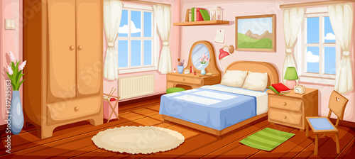 Vector illustration of a bedroom interior with a bed, nightstand, wardrobe and windows.