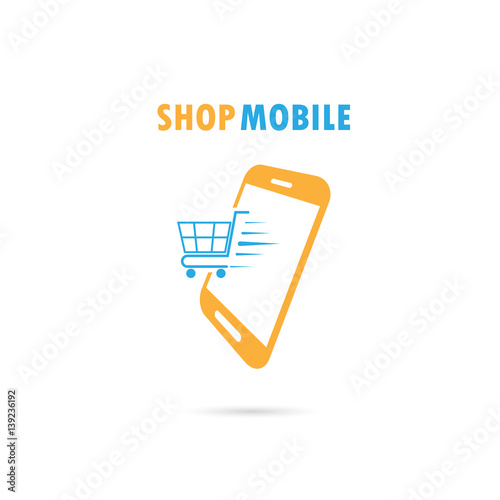 Mobile phone with online shopping application.Internet shopping phone concept illustration.Shopping cart flying out of phone screen.Buying shopping online.