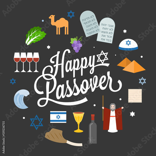 Happy passover poster pictogram with moses, pyramid, typographic font and element, flat design