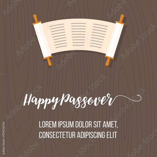 Happy passover poster with torah scroll on wooden background, flat design