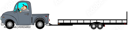 Illustration of a man driving a pickup truck pulling an empty flatbed trailer.