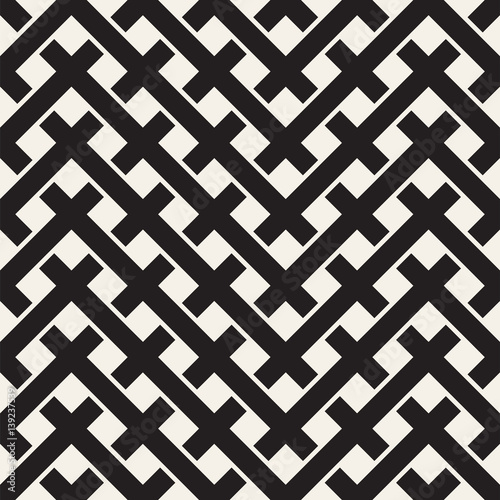 Weave Seamless Pattern. Braiding Background of Intersecting Stripes Lattice. Black and White Geometric Vector Illustration.