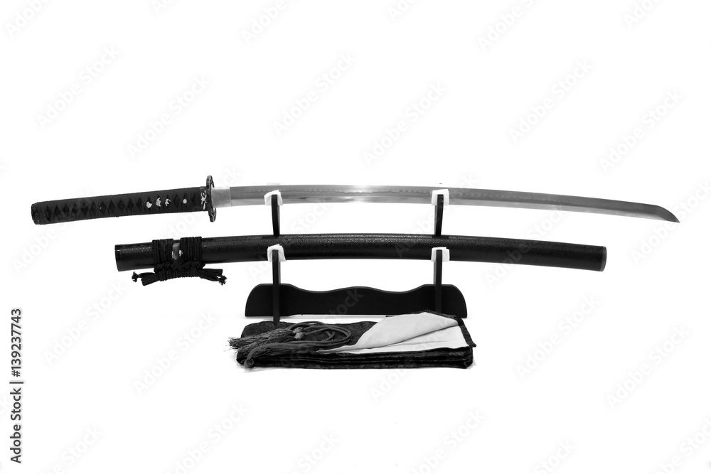 Japanese sword on stand with white background Japanese sword on stand with white background