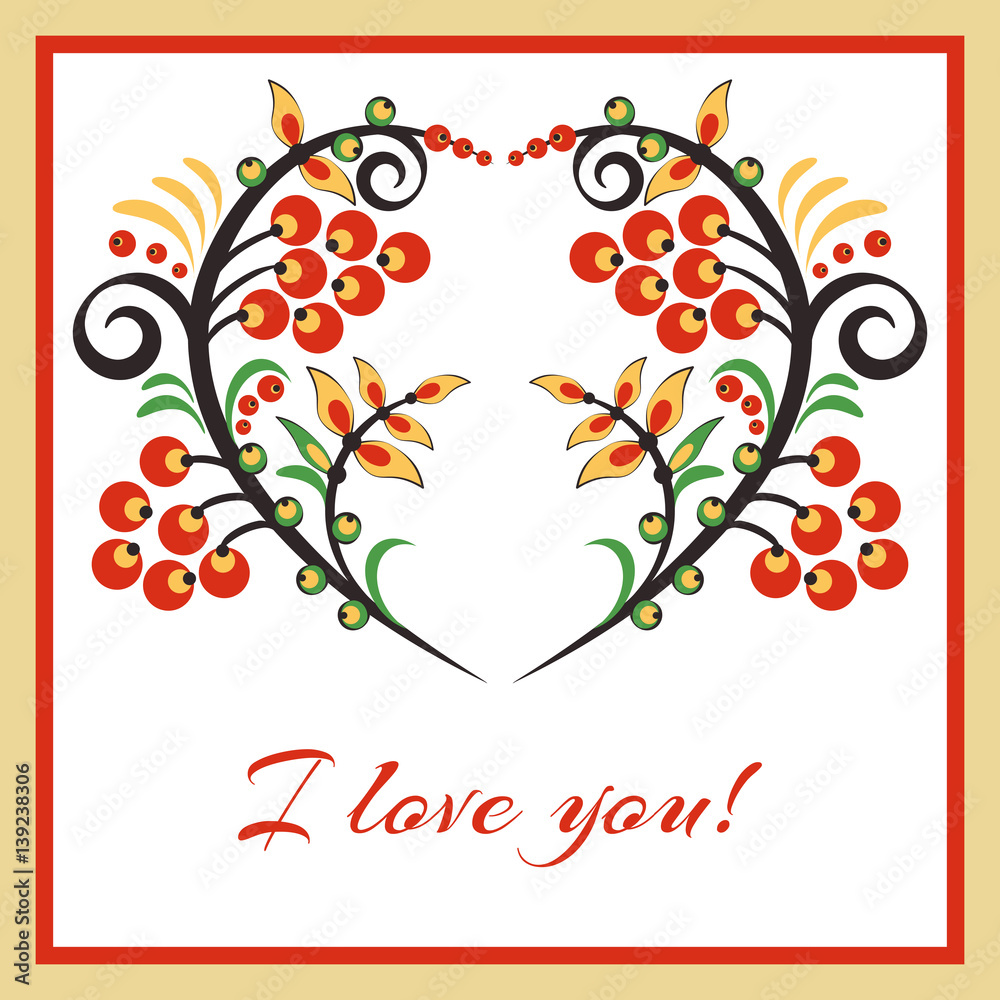 Greeting card with Khokhloma floral ornament in shape of heart. Postcard for Valentine's or Women's Day, Mother's Day, Birthday, Wedding, Anniversary. Vector illustration