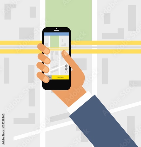 Taxi service. Smartphone and touchscreen, city skyscrapers.Transportation network app, calling a cab by mobile phone concept.