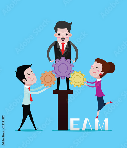 Boss, female and male employees team have cog, business concept. Vector cartoon