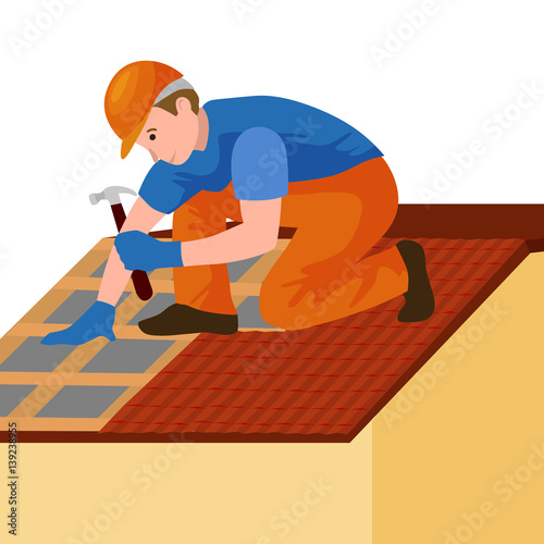 roof construction worker repair home, build structure fixing rooftop tile house with labor equipment, roofer men with work tools in hands outdoors renovation residential vector illustration