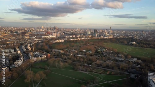 London city skyline; tracking drone