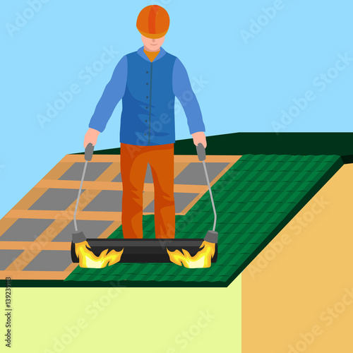 roof construction worker repair home, build structure fixing rooftop tile house with labor equipment, roofer men with work tools in hands outdoors renovation residential vector illustration