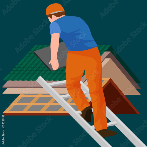 roof construction worker repair home, build structure fixing rooftop tile house with labor equipment, roofer men with work tools in hands outdoors renovation residential vector illustration