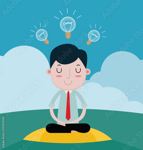Businessman to meditation relaxes for Good idea, vector cartoon