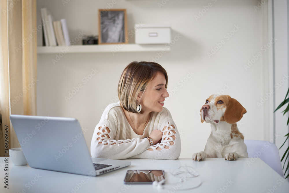 young beautiful woman with dog near laptop young beautiful woman with dog near laptop