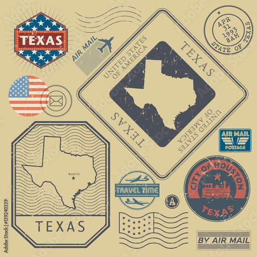 Retro vintage postage stamps set Texas, United States