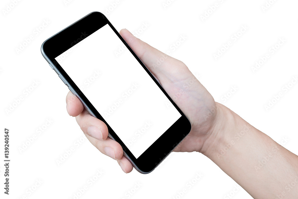 Hand holding black smartphone with blank screen isolated on white background.