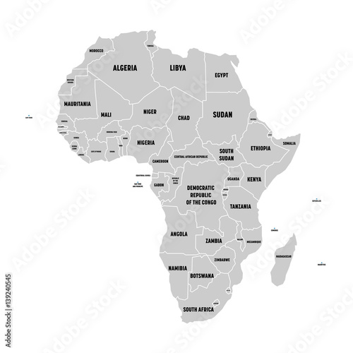 Simple flat grey map of Africa continent with national borders and country name labels on white background. Vector illustration.