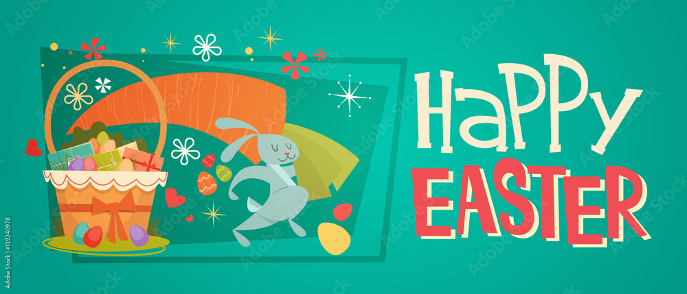 Easter Basket Holiday Symbols Greeting Card Vector Illustration