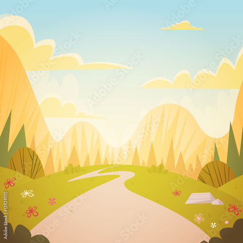 Mountain Range Spring Landscape Country Road Nature Background Flat Vector Illustration