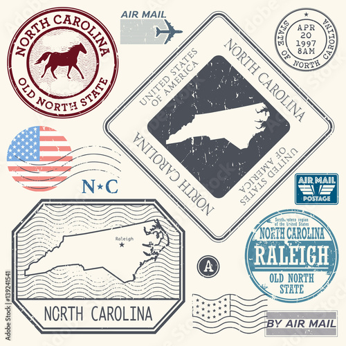 Retro vintage postage stamps set North Carolina, United States