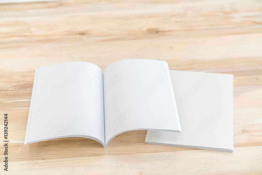 Blank catalog, magazines,book mock up on wood background Blank catalog, magazines,book mock up on wood background