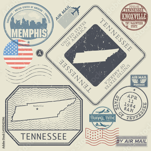 Retro vintage postage stamps set Tennessee, United States