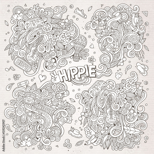 Line art set of doodle hippie designs © balabolka