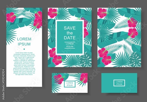 Template with tropical flowers and leaves. Pattern flyer, invitation, flyer, business card.