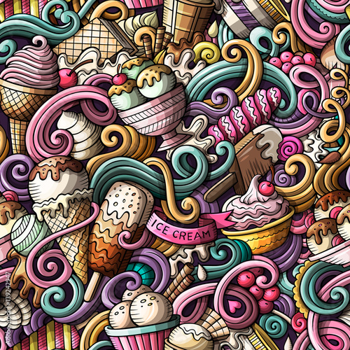 Cartoon hand-drawn ice cream doodles seamless pattern