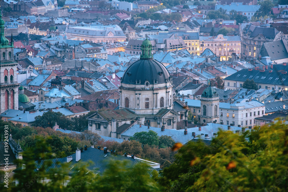 Center of an old European city from a top view. Ukrainian city Lviv
