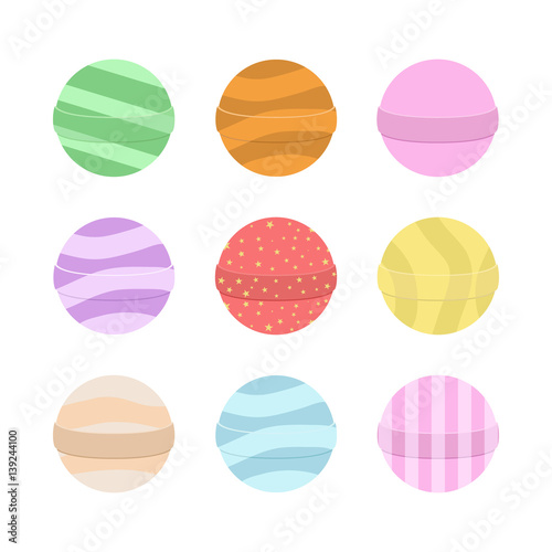 Bath bomb cartoon set. Nature organic soap, aromatherapy, heathcare, hygiene.