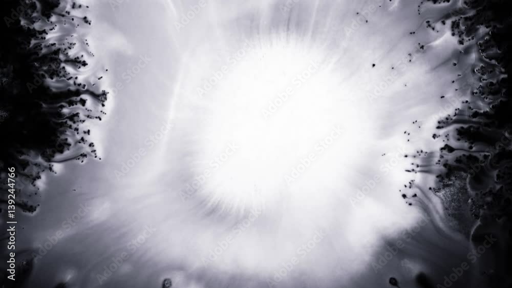Beautiful white watercolor ink drops transition on black background, paint bleed Bloom, with circle organic flow expanding, pure splatter spreading. Perfect for motion graphics, digital composition