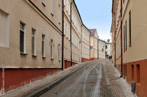 Old narrow street of Grodno in perspective. Belarus.