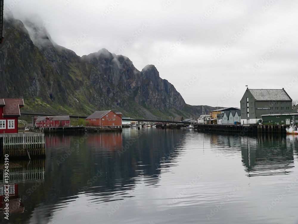 Beautiful landscape scenery of Norway fishing village hidden deep in fjords