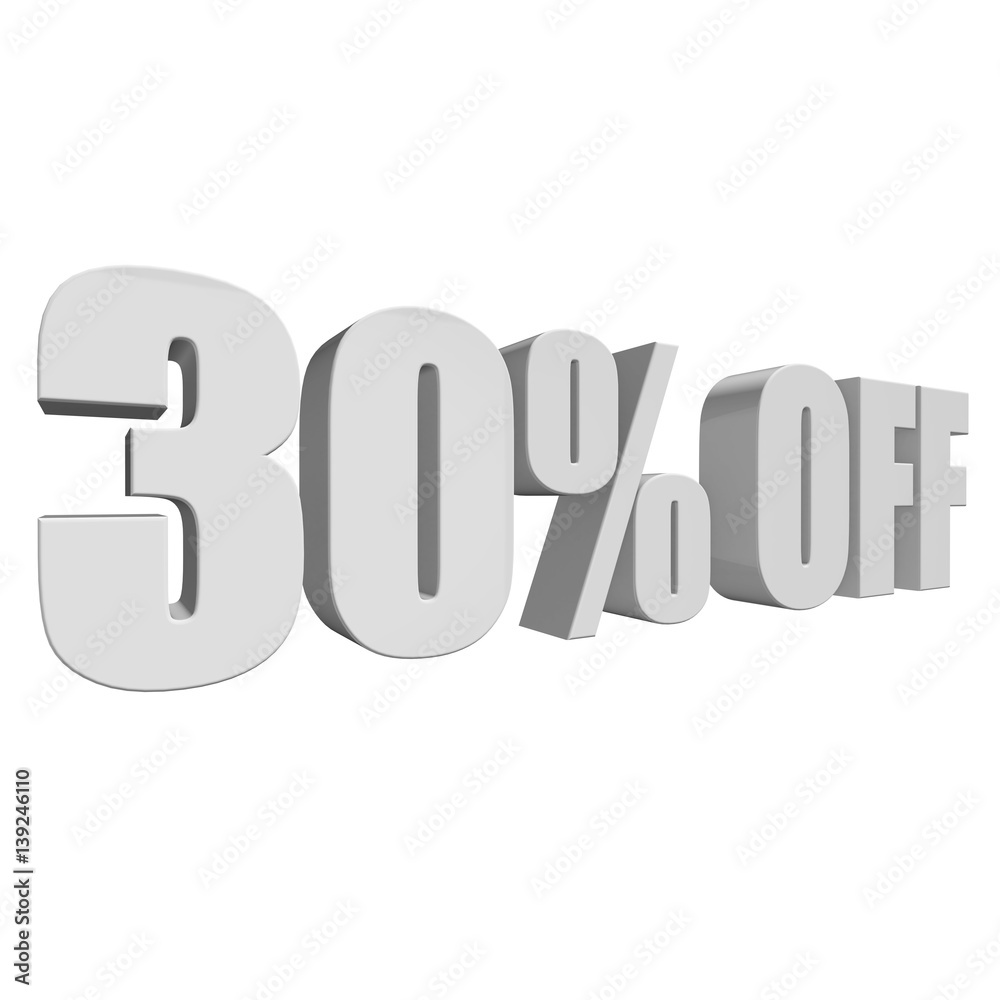 30 percent off letters on white background. 3d render isolated.