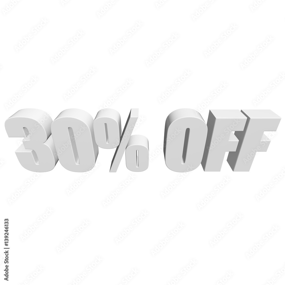 30 percent off letters on white background. 3d render isolated. 30 percent off letters on white background. 3d render isolated.