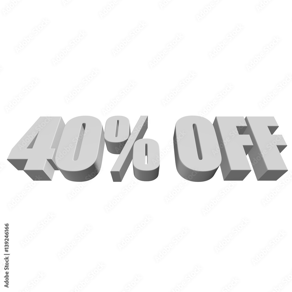 40 percent off letters on white background. 3d render isolated. 40 percent off letters on white background. 3d render isolated.