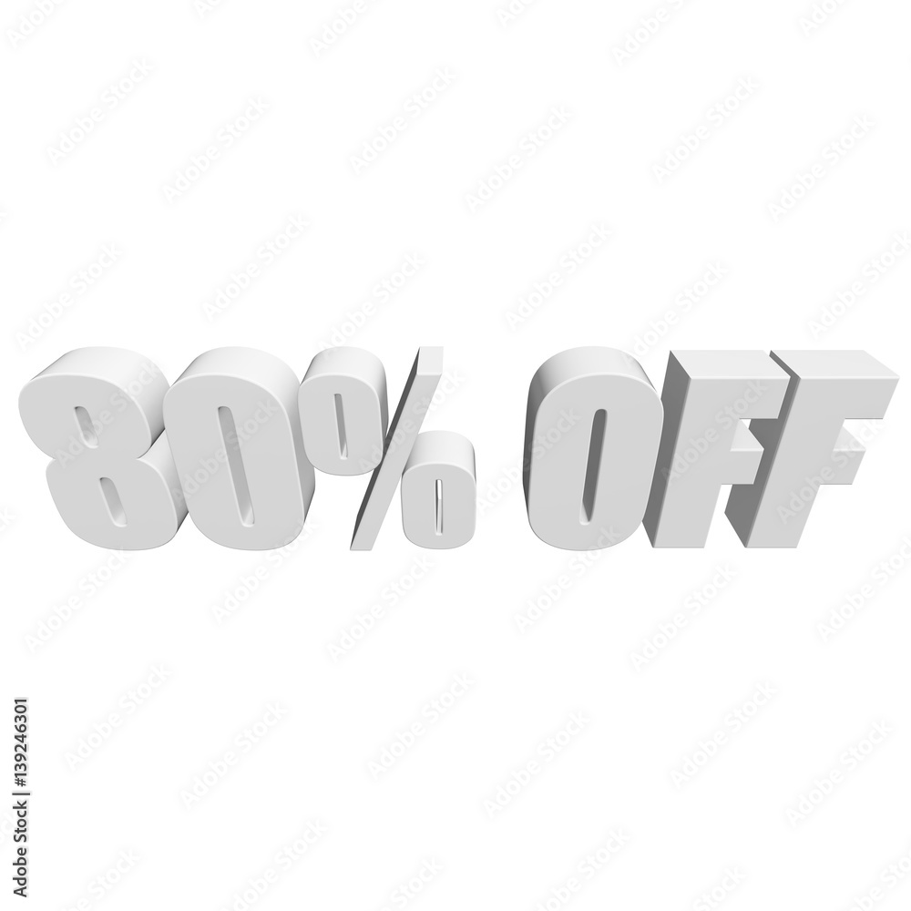 80 percent off letters on white background. 3d render isolated. 80 percent off letters on white background. 3d render isolated.