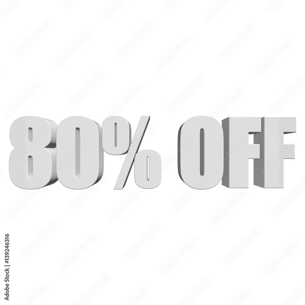 80 percent off letters on white background. 3d render isolated. 80 percent off letters on white background. 3d render isolated.