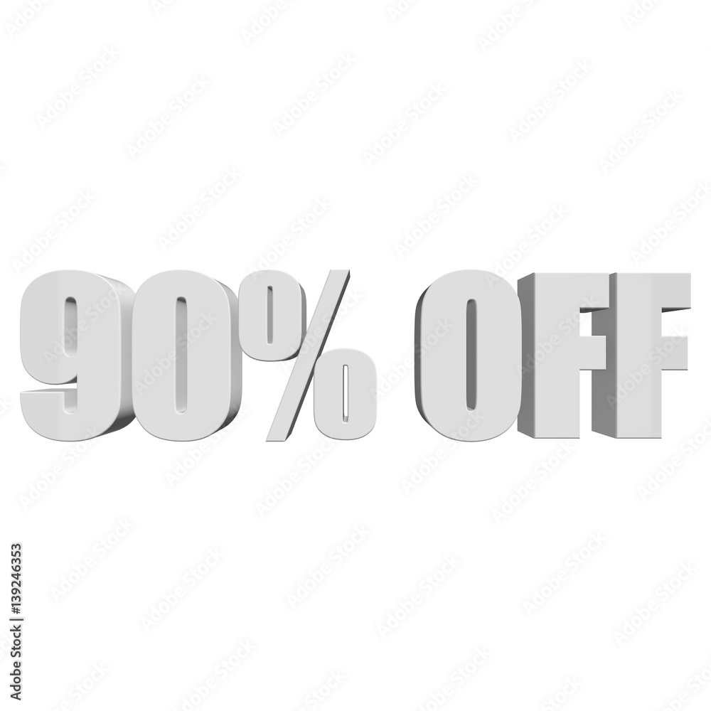 90 percent off letters on white background. 3d render isolated. 90 percent off letters on white background. 3d render isolated.