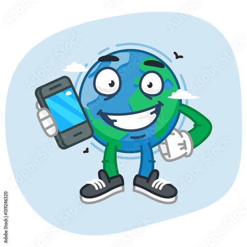 Character Earth Holding Mobile Phone