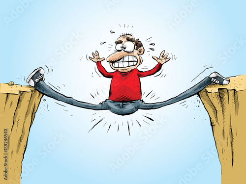 A cartoon man in shock and pain because he is trapped between two cliffs.