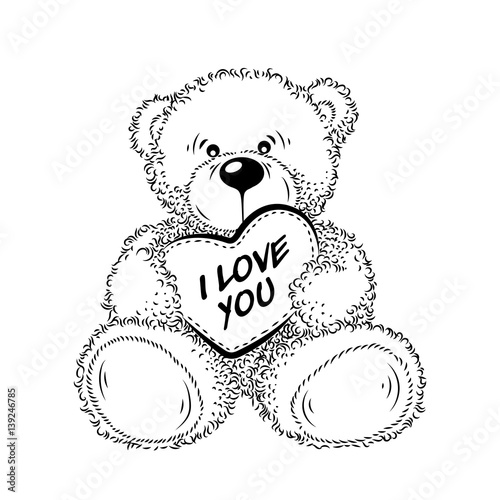 Drawing Teddy Bear with heart. Vector illustration