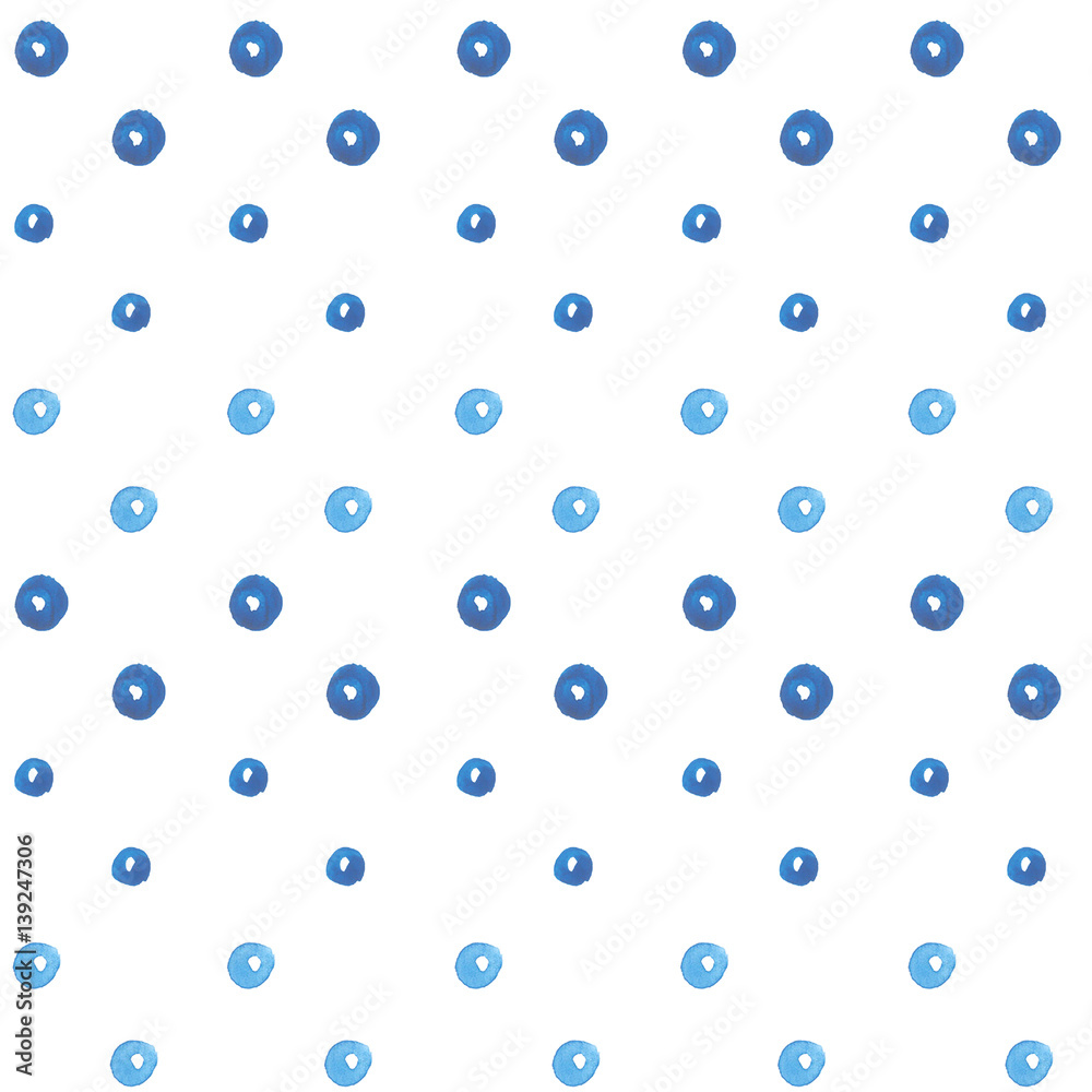 Pattern of blue dots hand painted watercolor on white background