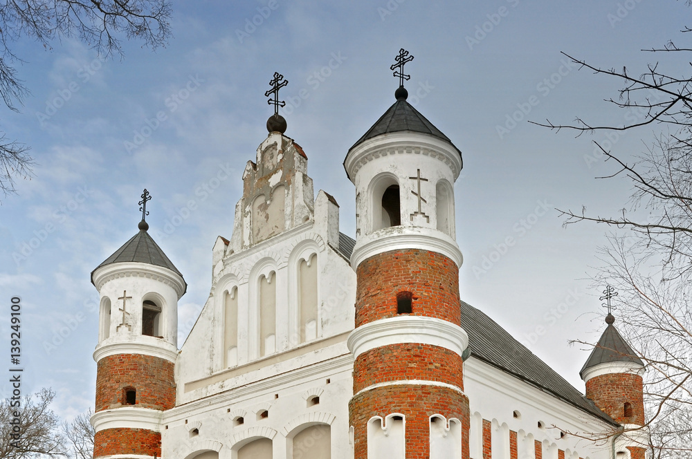 Defensive Orthodox Church of the Nativity of the Virgin in the village Murovanka, Grodno region, Belarus. View from the front facade.