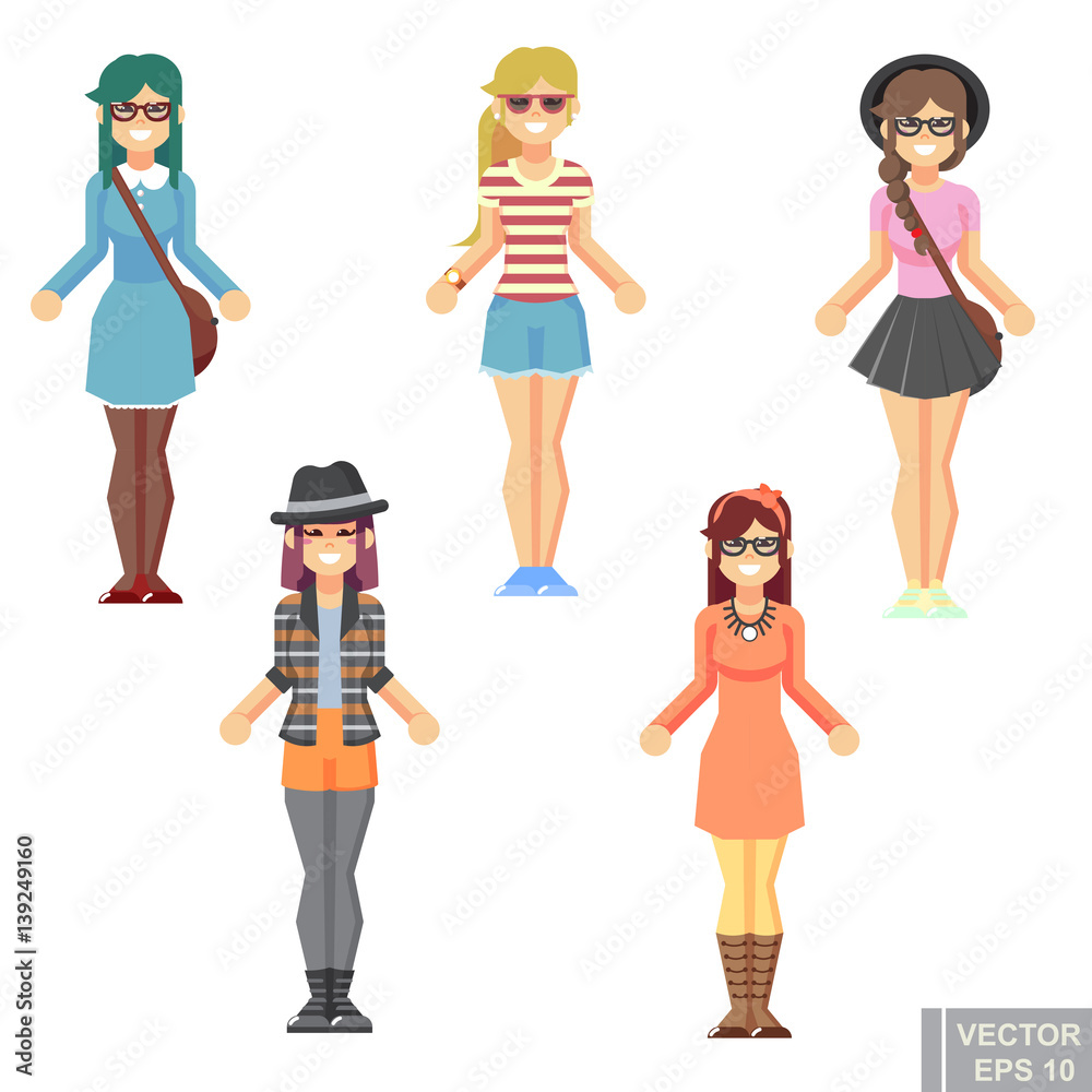 Hipster style young woman, character set avatar flat collection Geek pack  girls female women set isolated vector illustration Stock Vector